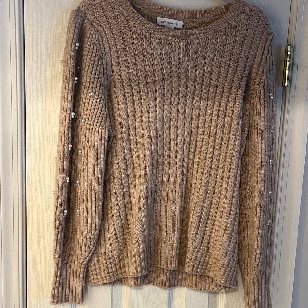 Liz Claiborne  Tan Ribbed Sweater with Pearl sleeve Details